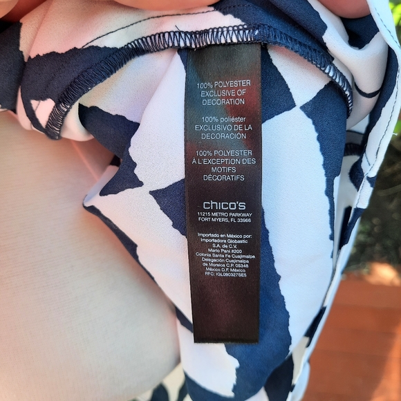 Chico's Travelers Sheer Geo Print Tassel Cutout Silky Coverup Top Navy Medium - Picture 9 of 13